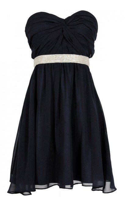 Twisted Chiffon Embellished Designer Dress in Navy